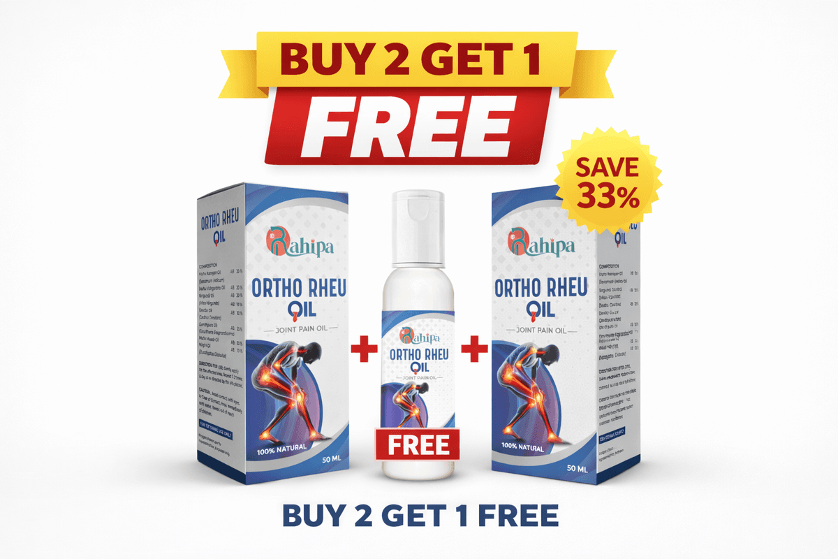 Buy Rahipa Ortho Rheu Oil Buy 2 get 1 free for long-lasting joint and muscle pain relief. Herbal formula, non-sticky & great value pack.