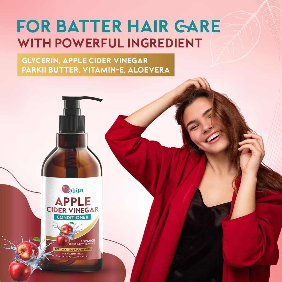 Apple Cider Vinegar Conditioner For Frizzy& Greasy Hair To Minimize Hair Damage Scalp Nourishment, Moisturized Hair with Pro Vitamins 