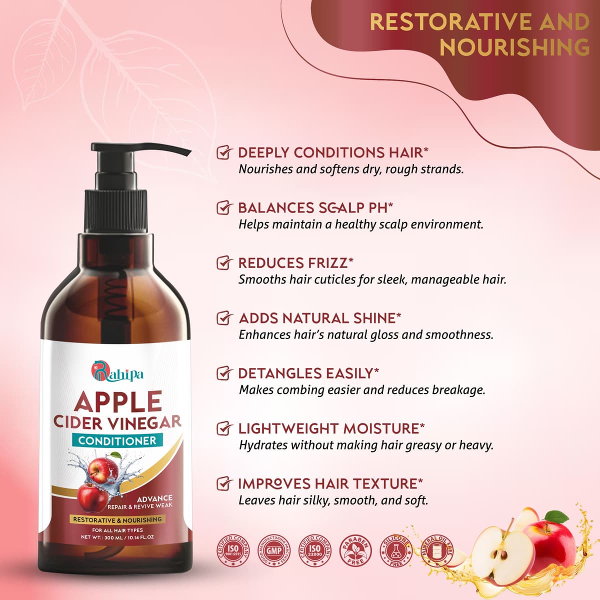 Apple Cider Vinegar Conditioner For Frizzy& Greasy Hair To Minimize Hair Damage Scalp Nourishment, Moisturized Hair with Pro Vitamins 